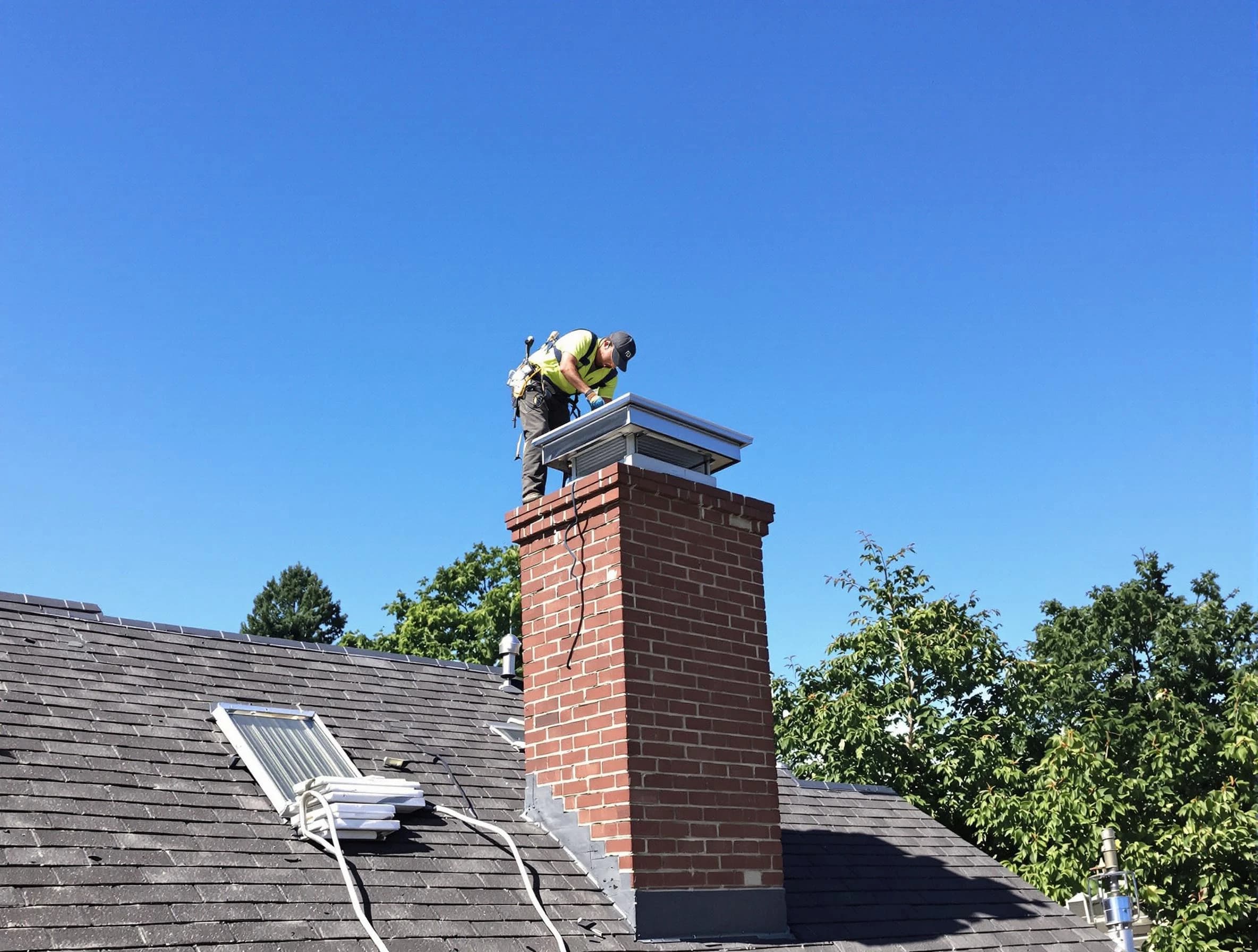 North Brunswick Chimney Sweep technician measuring a chimney cap in North Brunswick, NJ